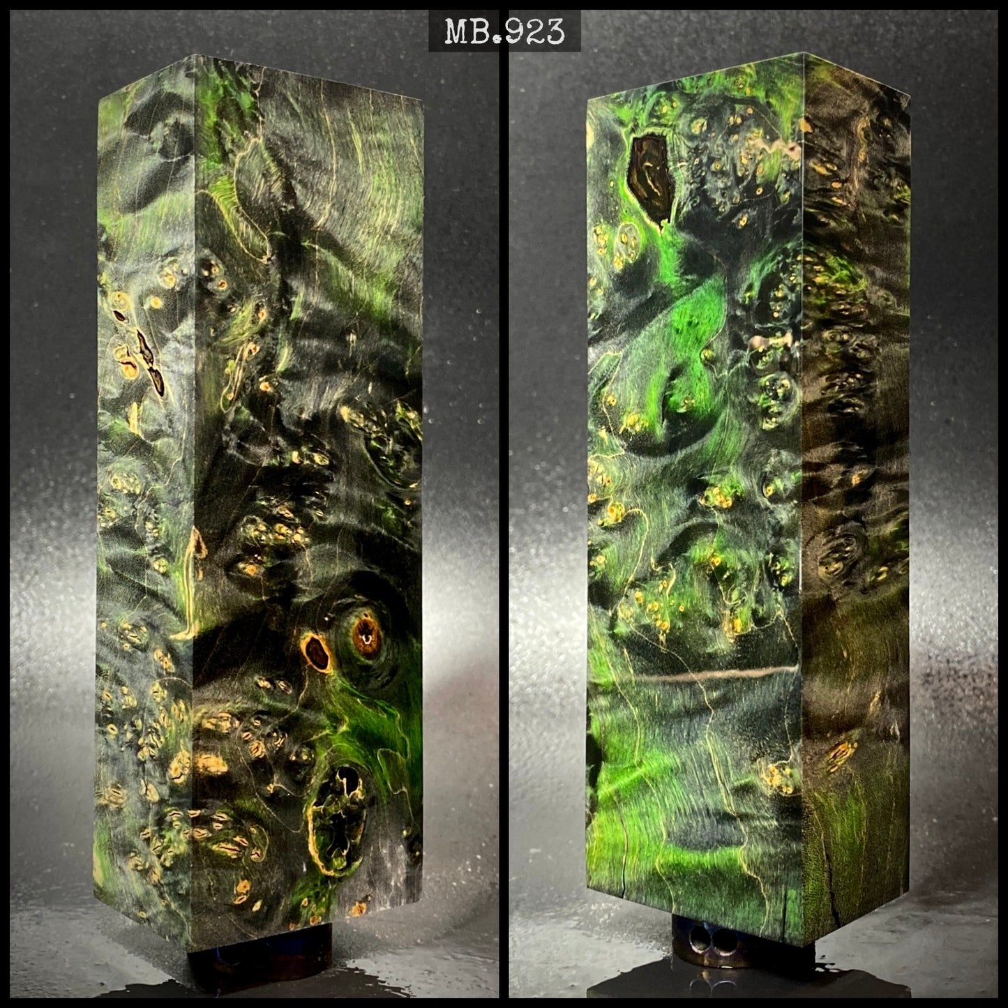 Bois stabilisé en loupe d'érable, coloris noir et vert. 140/50/30 mm. Stock France.