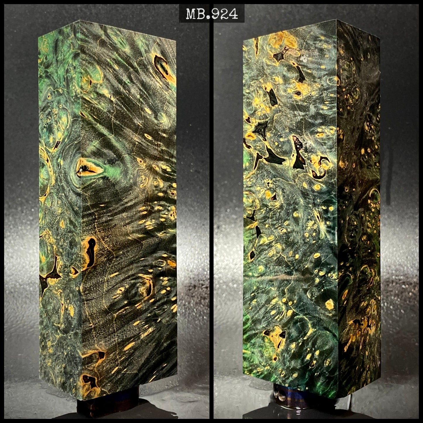 Bois stabilisé en loupe d'érable, coloris noir et vert. 140/50/30 mm. Stock France.