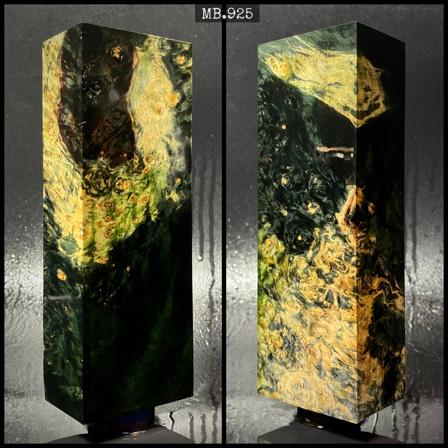Bois stabilisé en loupe d'érable, coloris noir et vert. 140/50/30 mm. Stock France.