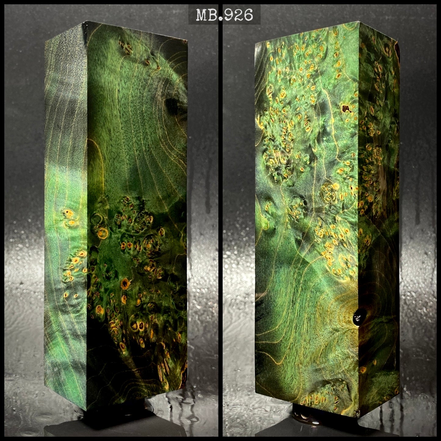 Bois stabilisé en loupe d'érable, coloris noir et vert. 140/50/30 mm. Stock France.