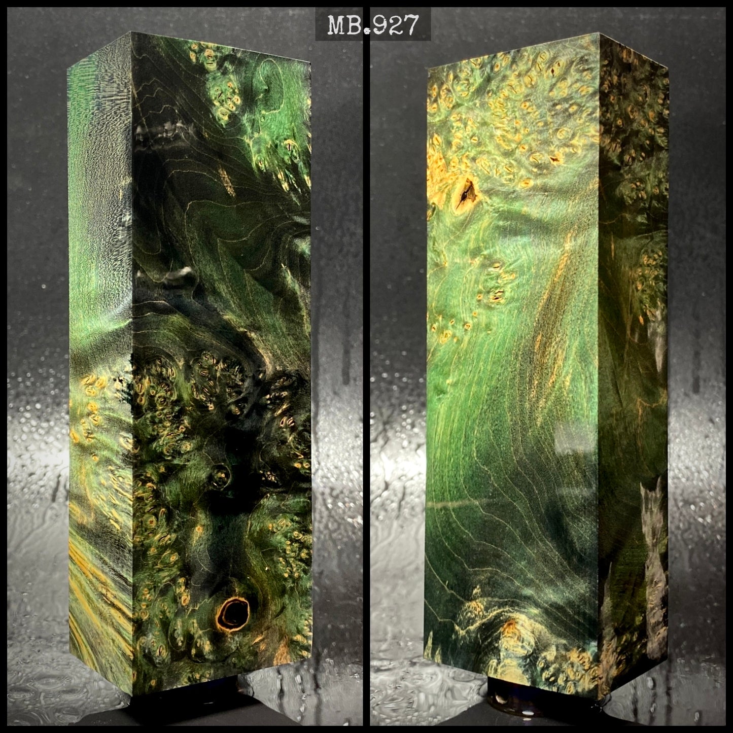 Bois stabilisé en loupe d'érable, coloris noir et vert. 140/50/30 mm. Stock France.