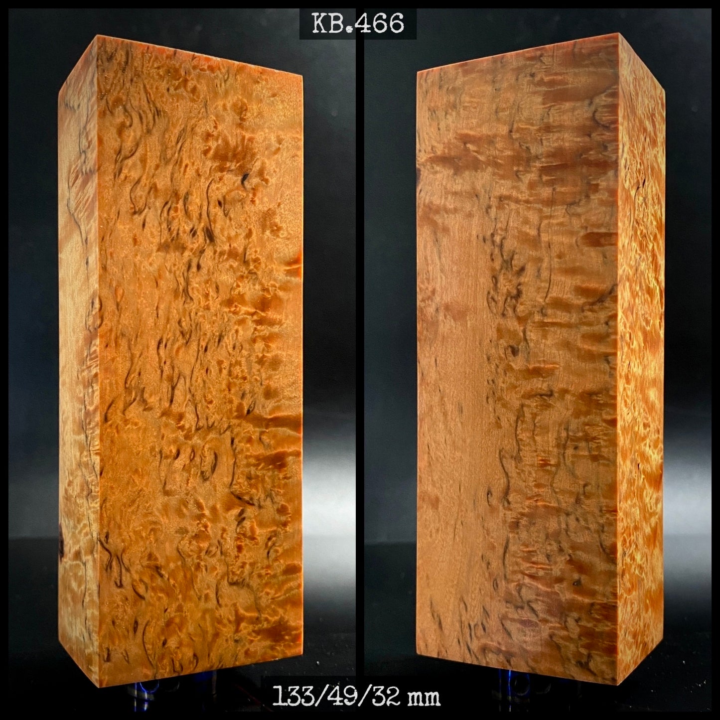 Stabilisiertes Holz aus Maserbirke, orangefarbener Rohling für die Holzbearbeitung. Lagerbestand in Frankreich. #KB.466