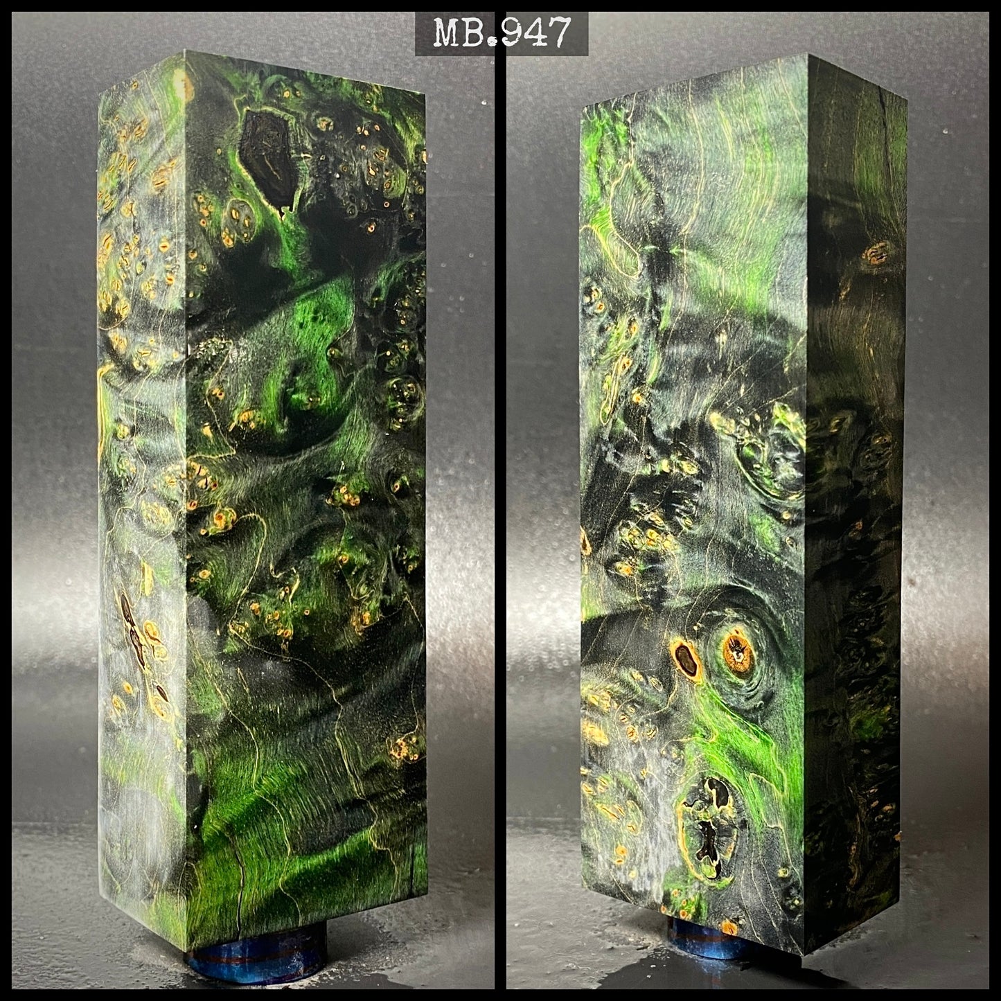 Bois stabilisé en loupe d'érable, coloris noir et vert. 140/50/30 mm. Stock France.