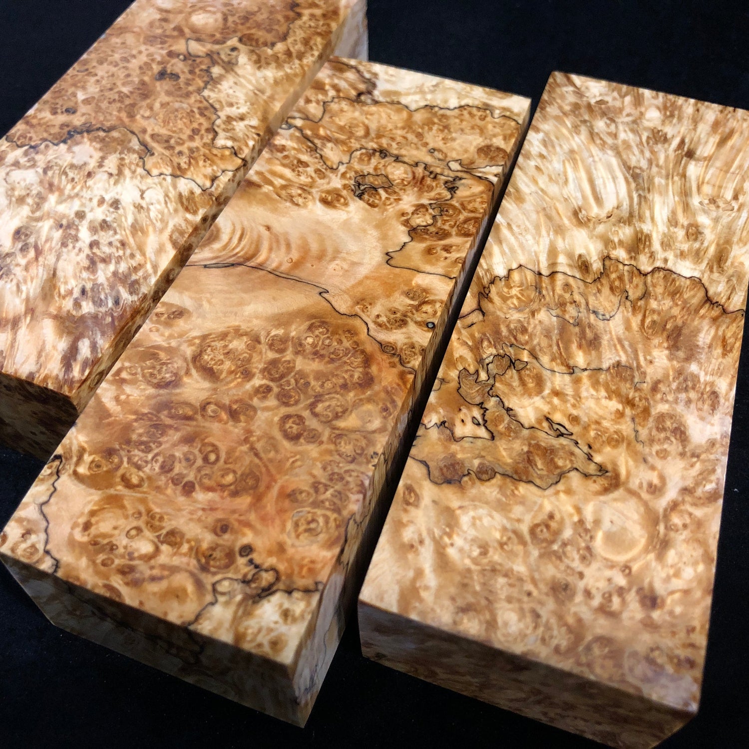 Premium Maple Burl Stabilized Blanks with unique grain patterns, perfect for knife making, woodworking, and custom crafting projects