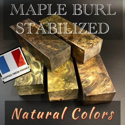Bois stabilisé MAPLE BURL, blancs de couleur naturelle pour le travail du bois. Actions françaises.