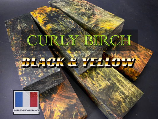 CURLY BIRCH Stabilized Wood, Black & Yellow Color Blanks for Woodworking. France Stock.