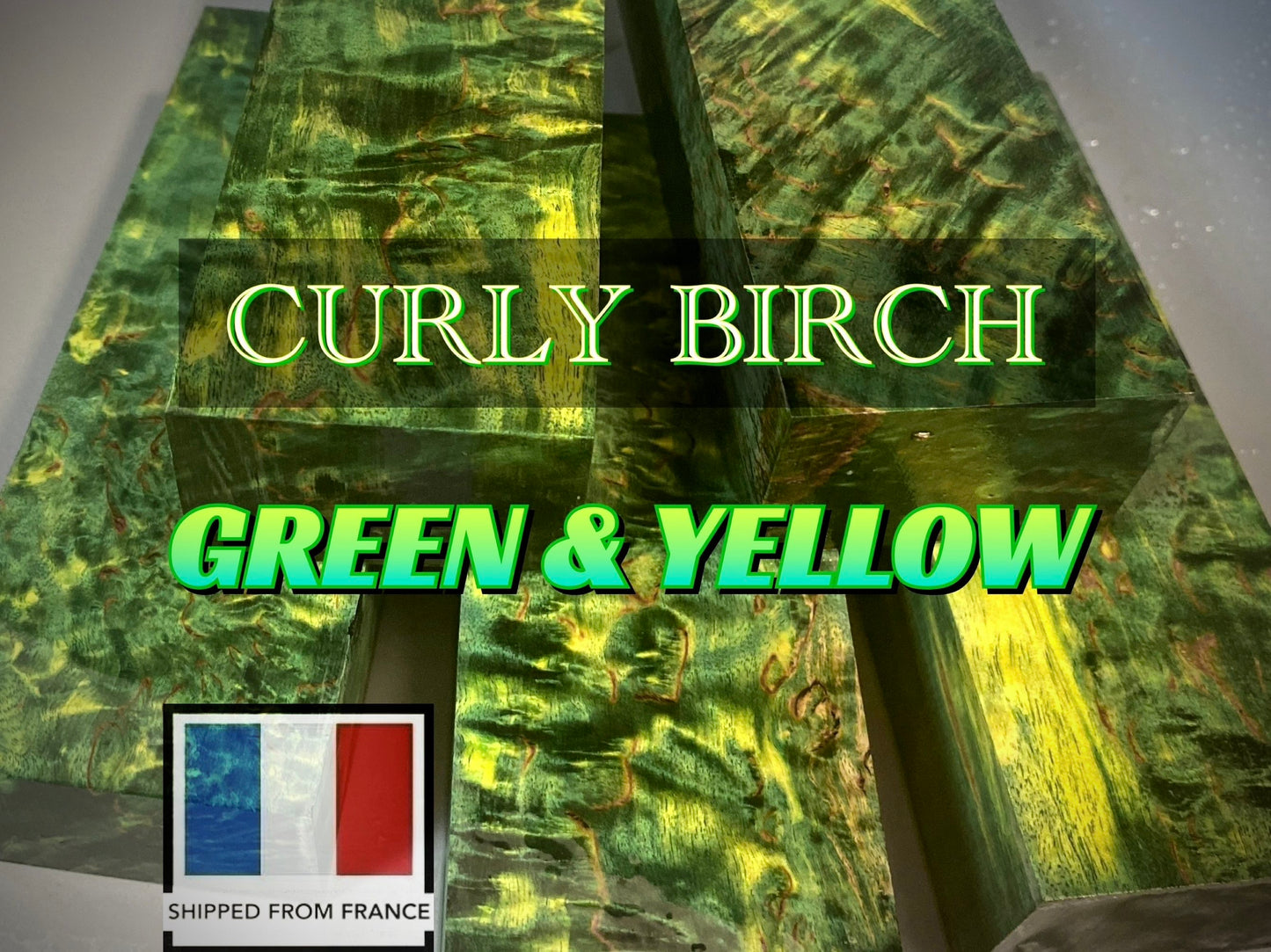 CURLY BIRCH Stabilized Wood, Green & Yellow Color Blanks for Woodworking. France Stock.